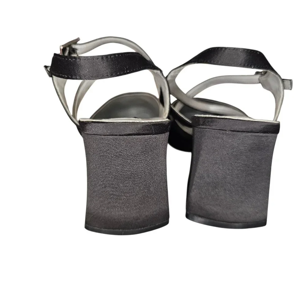 90s Y2K Chunky Heel Square Toe Strappy Mule Black‎ Satin Business Sz 9 2.5